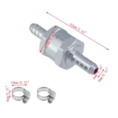 Mewutal 2pcs stainless steel one-way fuel check valve with 5/16 in (8 mm) barb ports and 6–10 mm adjustable hose clamps
