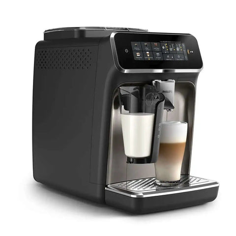 Front view of Fully Automatic Espresso Machine With LatteGo Milk System For Pro Grade Silky Froth And 5 Coffee Varieties Intuitive Touch Display SilentBrew 100 Percent Ceramic Grinder AquaClean Filter Glossy Black.