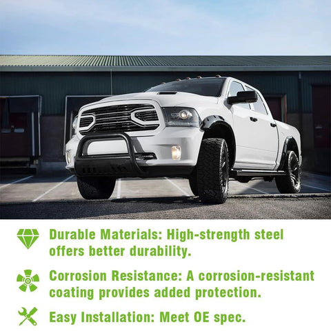 White pickup truck with front guard displayed in a parking lot with text highlighting durable materials and corrosion resistance.