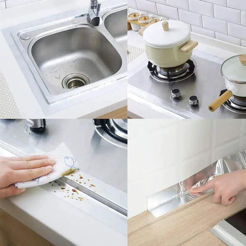 Industrial Grade Aluminum Foil Tape 2 Inches By 70 Yards 3.6 Mil Heavy Duty Adhesive applied on kitchen surfaces for sealing and repair.