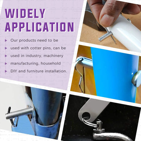 Applications of clevis pins in industry, machinery, household DIY, and furniture installation shown in use with cotter pins.