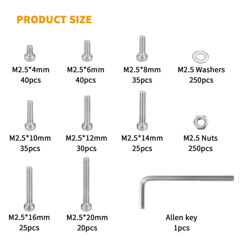 Heavy Duty M2.5 Screws Nuts And Washers Set In Stainless Steel With Fully Threaded Hex Socket Head Cap Bolts And Matching Nuts 750 Piece Hardware Assortment