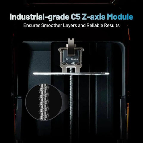Industrial-grade C5 Z-axis module in RS Resin 3D Printer With Beefy 8.74 By 4.8 By 8.98 Inch Build Volume For Parts Delivers About 15 Micron Precision And 4.5 Second Per Layer Speed Includes C5 Industrial Z Axis And Auto Leveling With One Click Slicing For Fast Reliable Resin Printing