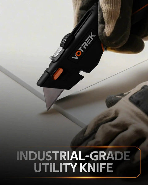 Close-up of a hand using the Two In One Retractable Box Cutter With Safety Lock for precise cutting on a hard surface.