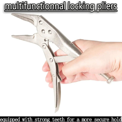 Hand holding multifunction locking pliers with strong teeth and metal finish