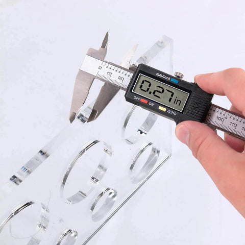 Router Jig Template Circle Inlay Templates In Clear Quarter Inch Acrylic For Woodworking Pro Projects shown with caliper