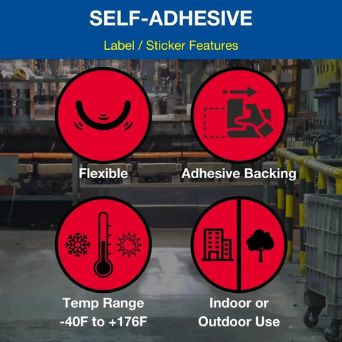 Lift Here label decal, 4-pack vinyl 5x2 in, red circular self-adhesive icons on an industrial background.
