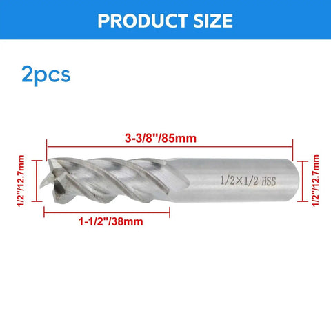 Square End Mill Set 1/2 Inch Cutting Diameter 1/2 Inch Shank 4 Flute Straight End Mills HSS 2 Pieces 3 3/8 Inch Total Length