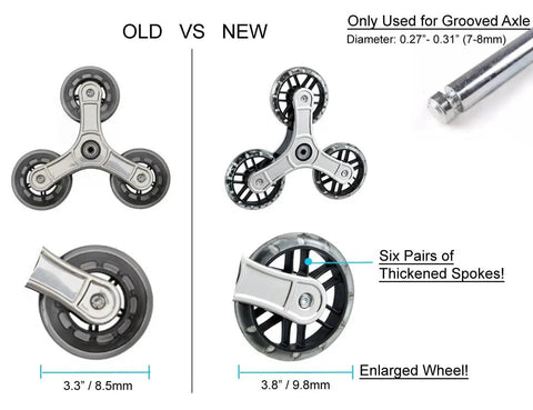 Replacement Stair Climbing Wheels For Shopping Cart And Laundry Trolley, Triangle Rubber Wheels, old vs new comparison, grooved axle