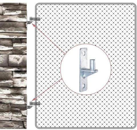 Wall Mount Chain Link Fence Gate Hinges Two Pack With Five Eighth Inch Pin, showing silver galvanized hinge on fence post.