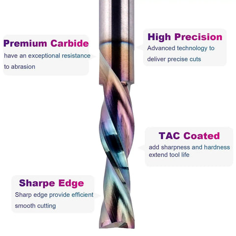Downcut Spiral Router Bit For Woodworking With One Inch Cutting Length And Quarter Inch Cutting Diameter Quarter Inch Shank Two And One Half Inch Overall Length Extra Long Life Coating For Sharp Smooth Mortises And Slots SpeTool with premium carbide and TAC coating