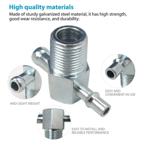 Upgraded Universal Vacuum Fitting For 3/8 NPT Intake Manifolds Connects 3/8 To 3/8 And 1/4 Nipples Zinc Plated Steel close-up view