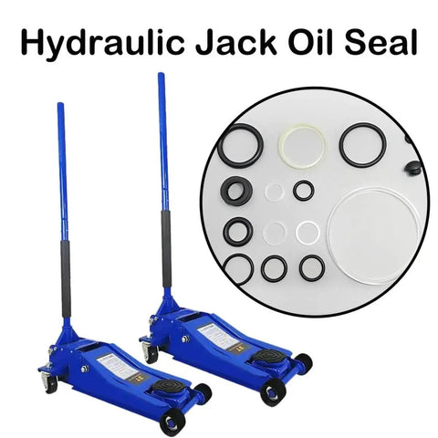 15 Piece 3 Ton Hydraulic Floor Jack Seal Kit With O Ring Seals Complete Fix Kit For SUVs Trucks And Automotive Jacks Universal Fit For Most Horizontal Floor Jacks, shown with blue jacks and assorted seals.