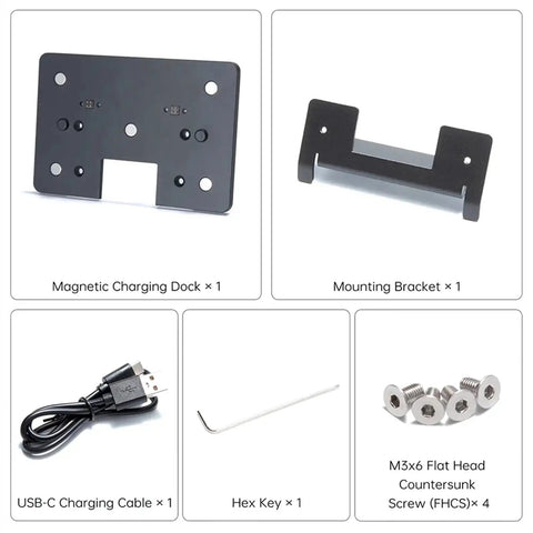 Fast Charge USB Dock Stand For 3D Printers Backplate Mount Sleek Desk Dock components including charging dock, bracket, cable, screws, and hex key.