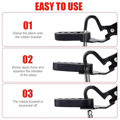 Steps to use Exhaust Hanger Removal Tool And 4 Hole Rubber Hangers Kit For Cars Trucks with pliers clamping onto rubber hangers.
