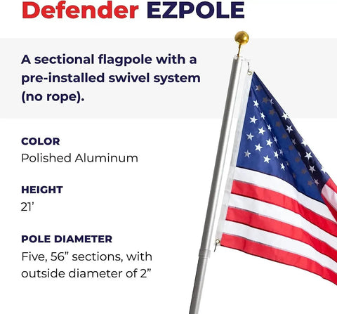 Defender Inground Flag Pole Kit Built Tough For Outdoors With Winds Up To 130 MPH, 21' polished aluminum pole with American flag