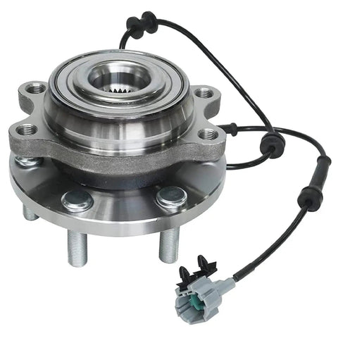 4WD Wheel Bearing Hub Assembly Set For Nissan Frontier And Pathfinder, 6 Lug With ABS, front hub view with wiring visible