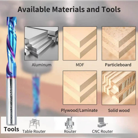 Up Down Cut Spiral Compression Router Bit With One Quarter Inch Shank And One Quarter Inch Cutting Diameter, One Inch Cutting Length, Two And A Half Inch Total Length, Solid Carbide Dope Nano Blue Coated For CNC Routers with materials and tools icons