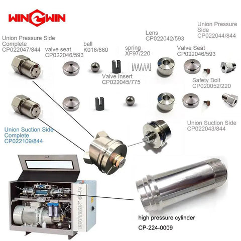Various components for BHDT waterjet cutting head including valves, springs, and high pressure cylinder CP-224-0009.