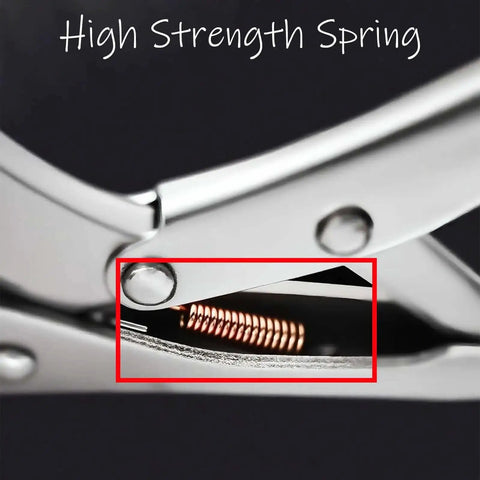 Close-up of spring mechanism in Beefy 11 Inch Locking Pliers Spring Loaded Action Anti Rust One Handed Operation Heavy Duty Vise Grips.