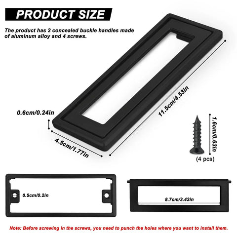 Two Pack Black Square Recessed Flush Door Pulls For Cabinets And Drawers, 4.53 By 1.77 Inches Zinc Alloy Flat Hatch Handles dimensions