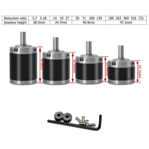 36mm Planetary Gear Motor Gearbox For DC Brushed Motors 6mm Shaft 1 To 100 Gear Ratio with gears and tools shown
