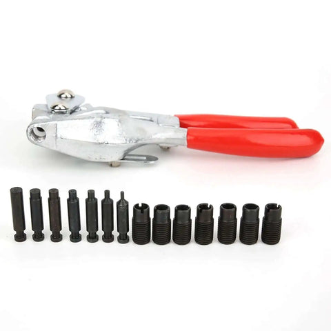 Heavy Duty Handheld Hole Punch Kit For Sheet Metal And More with red handles and various punch sizes for leather, fabric, canvas, and jewelry making