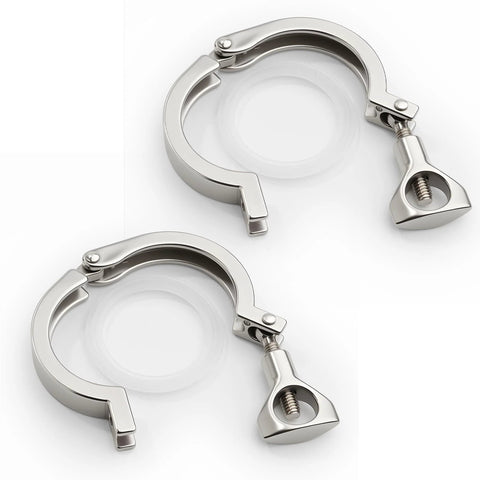 Two 2-inch stainless steel 304 tri-clamp fittings with wing-nut bolts