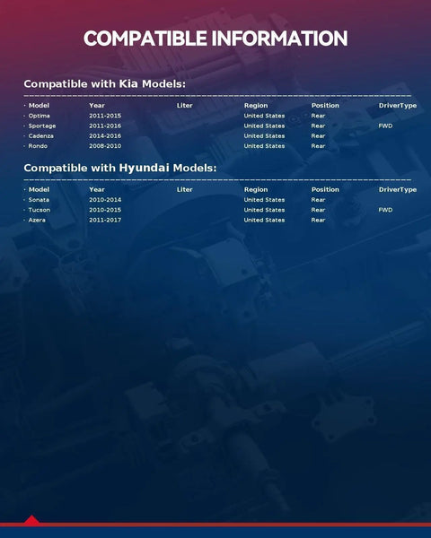 Compatibility chart for Kia and Hyundai models including Sonata, Optima, Sportage, Tucson, Azera, Rondo, Cadenza for rear wheel hub.