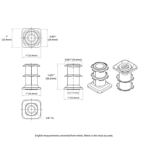 Technical drawing of Threaded Caster Insert For 1 Inch Square Tube 16-18 Gauge, Heat Treated Steel, 3/8-16 Thread, Deep Set Mounting.
