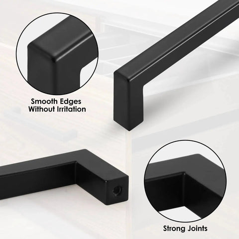 Alt Tag: Matte Black Cabinet Handles Set Of 10, 5 Inch Center To Center, featuring smooth edges and strong joints, solid aluminum square pulls.