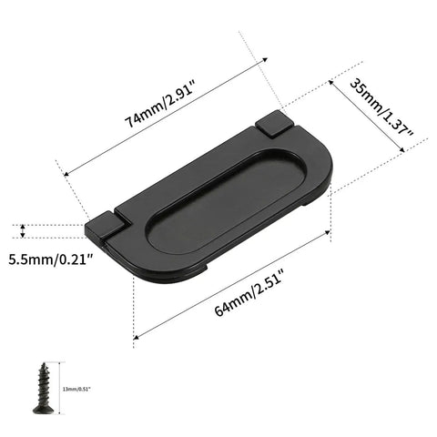 2 Pack Flush Pull Handles Black Concealed Installation Invisible Flip Drawer Pulls For Cabinets And Furniture Durable Zinc Alloy Recessed Grip with screws and measurements displayed