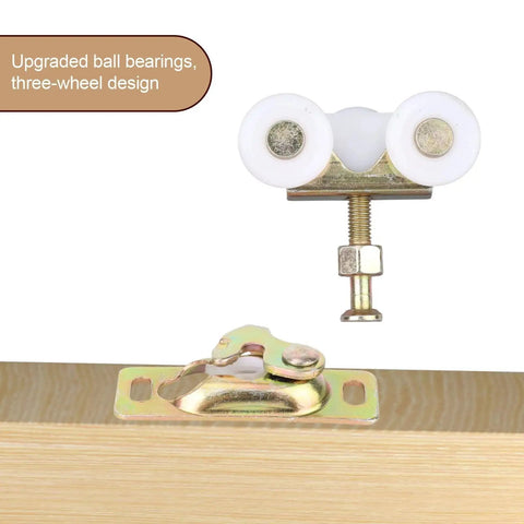 2Pcs 3/4 Inch Sliding Door Wheels Replacement Kit With Top Hanger For Wardrobe Bypass And Closet Accessories Gold Finish, Includes 2 Heavy Duty Rollers, 2 Bases, And 6 Screws, Ideal For Quiet, Smooth Sliding Doors In Closets And Kitchens, shown with three-wheel design and base.