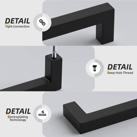 Detailed view of 30 Pack Matte Black Cabinet Pulls 6-1/4 Inch Square Bar Stainless Steel Handles showcasing tight connection and deep hole thread.