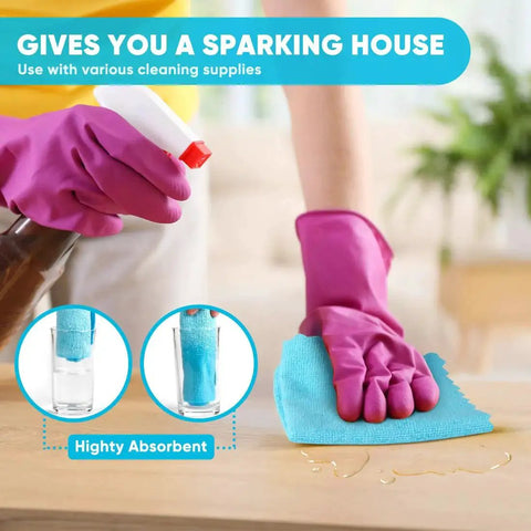 Person using Microfiber Cleaning Cloths 24 Pack Highly Absorbent Rags for Kitchen Car 12x11 to wipe surface with pink gloves