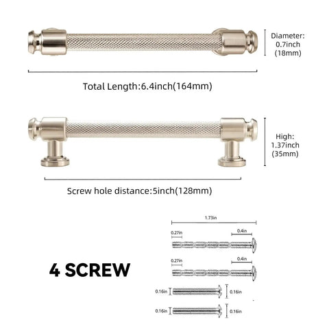10 Pack 5 Inch 128mm Knurled Brushed Satin Nickel Kitchen Cabinet Handles dimensions and features diagram with 4 screws.