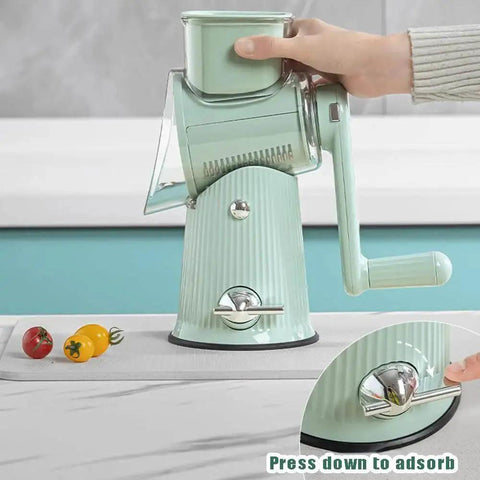 5 In 1 Gourmet Cheese Grater And Veggie Slicer, Carrot Shredder, Fruit Slicer, Potato Crinkle Cutter, Hand Crank Chopper in green