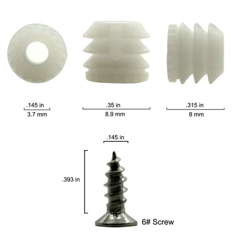 Plastic Hinge Dowel Inserts With Screws 100 Pack For Cabinet Repair In Composite Wood Quick Fix For Loose Hinges Dowels Sized 0.35 Inch Diameter By 0.32 Inch Tall Requires Drilling A Hole About 8.5 Millimeters In Diameter And 9 Millimeters Deep.