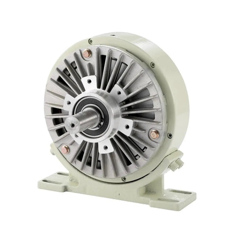 Front view of base-mounted electromagnetic powder brake with drive shaft, DC24V, green housing.