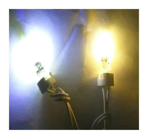 Close-up of two glowing G4 Base 6V DC 1W Microscope LED Lamp 2 Pack White 6000K High CRI, showing cool and warm light colors.
