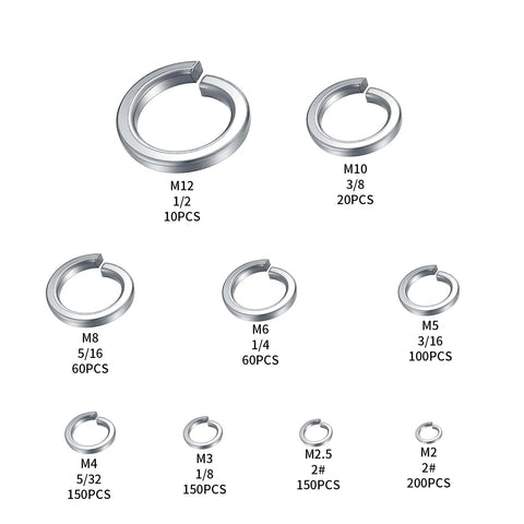 Stainless steel spring lock washers set with sizes M12 to M2 and mixed quantities.