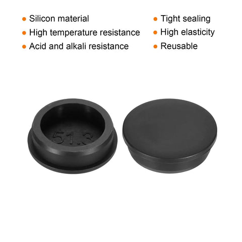 Three-Piece T-Shaped Silicone Plugs With 51.3 Mm Diameter Black round rubber stoppers shown open and closed on white background