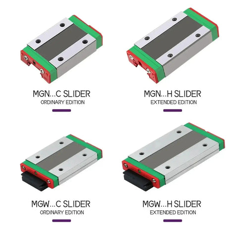 Four different MGN and MGW linear block sliders, showing ordinary and extended editions with visible screw holes and colored blocks.