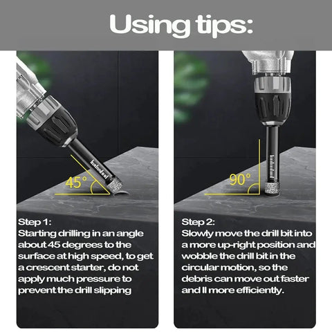 Guide shows Six Piece Three Eighths Inch Dry Diamond Drill Bits Set With Ten Millimeter Hex Shank For Porcelain Tile Ceramic Concrete Granite Marble And Other Hard Materials Brazed With Cooling Wax For Smooth Dry Drilling, demonstrating use angles and steps.
