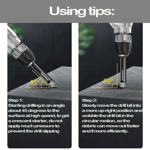 Diagram showing usage tips for Six Piece Five Eighths Inch Dry Diamond Drill Bit Set With 16mm Hex Shank Brazed Wax Lubricated.