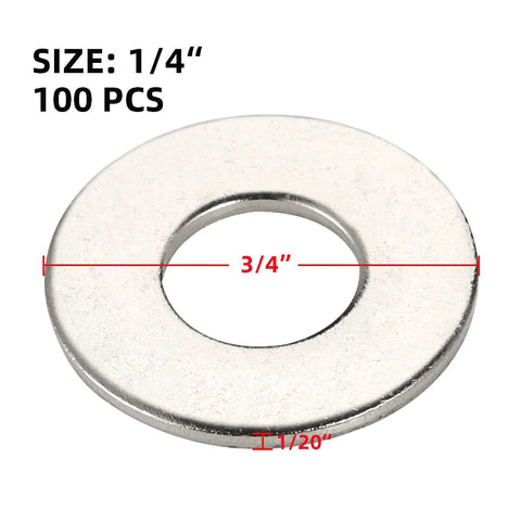 Stainless steel flat washer, 304 stainless, 3/4 in outer diameter, 1/4 in hole, 100 pcs, Amazon