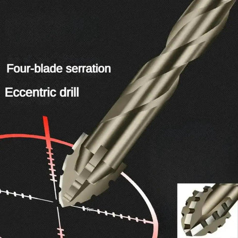 Carbide Tipped Sawtooth Eccentric Drill Bits Set 3 Pieces With Hex Shank For Ceramic Tile Glass Marble Concrete Cast Iron Dry Drilling Tool For Precise Holes And Clean Cuts Pro Grade featuring four-blade serration close-up.