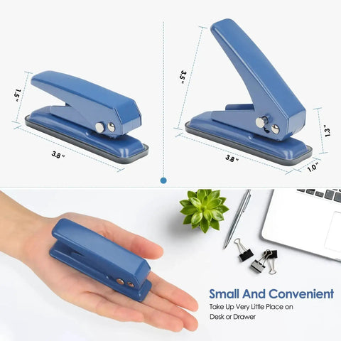 Handy One Quarter Inch Hole Punch For Paper And Craft Projects 20 Sheet Capacity Slim Handheld Punch With Non Slip Base Ideal For Cardstock Chipboard And Craft Papers Blue shown with dimensions and on a hand for scale.