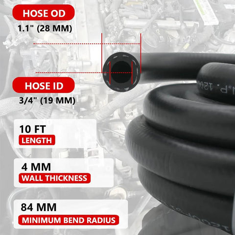 Push-on fuel hose, 3/4 in ID (19 mm), 28 mm OD, black NBR, 10 ft length, 4 mm wall, 84 mm bend radius