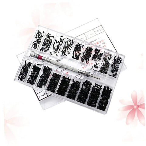 Two Piece Miniature Screw Set With 18 Different Sizes Flat Head And Round Head Tiny Screws For Glasses And Crafts in storage case.